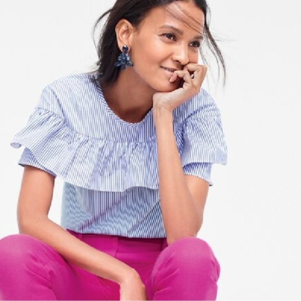 J. Crew Eddie top Blue white Striped Ruffle Top blouse